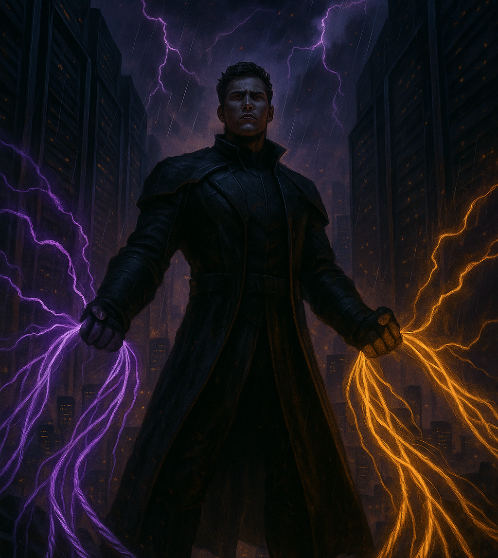 Portrait of Brian Plattus channeling purple and amber fiber strands between dark towers
