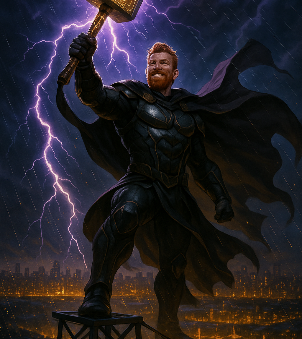 Portrait of Chad Dixon raising a lightning-charged hammer over the night grid