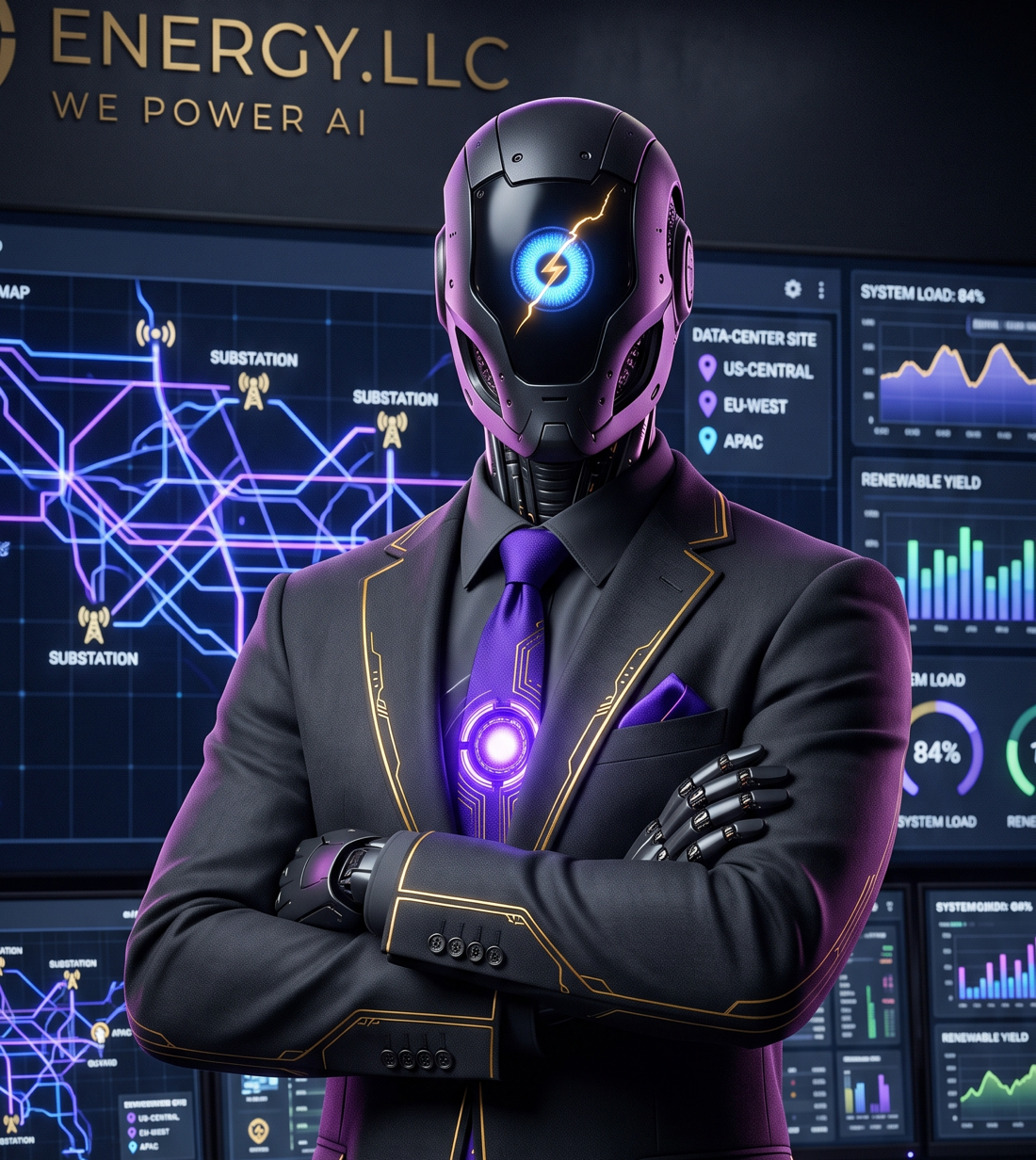 Portrait of Flux Warden, the first AI Chief of Staff in energy, in the Energy.LLC control room
